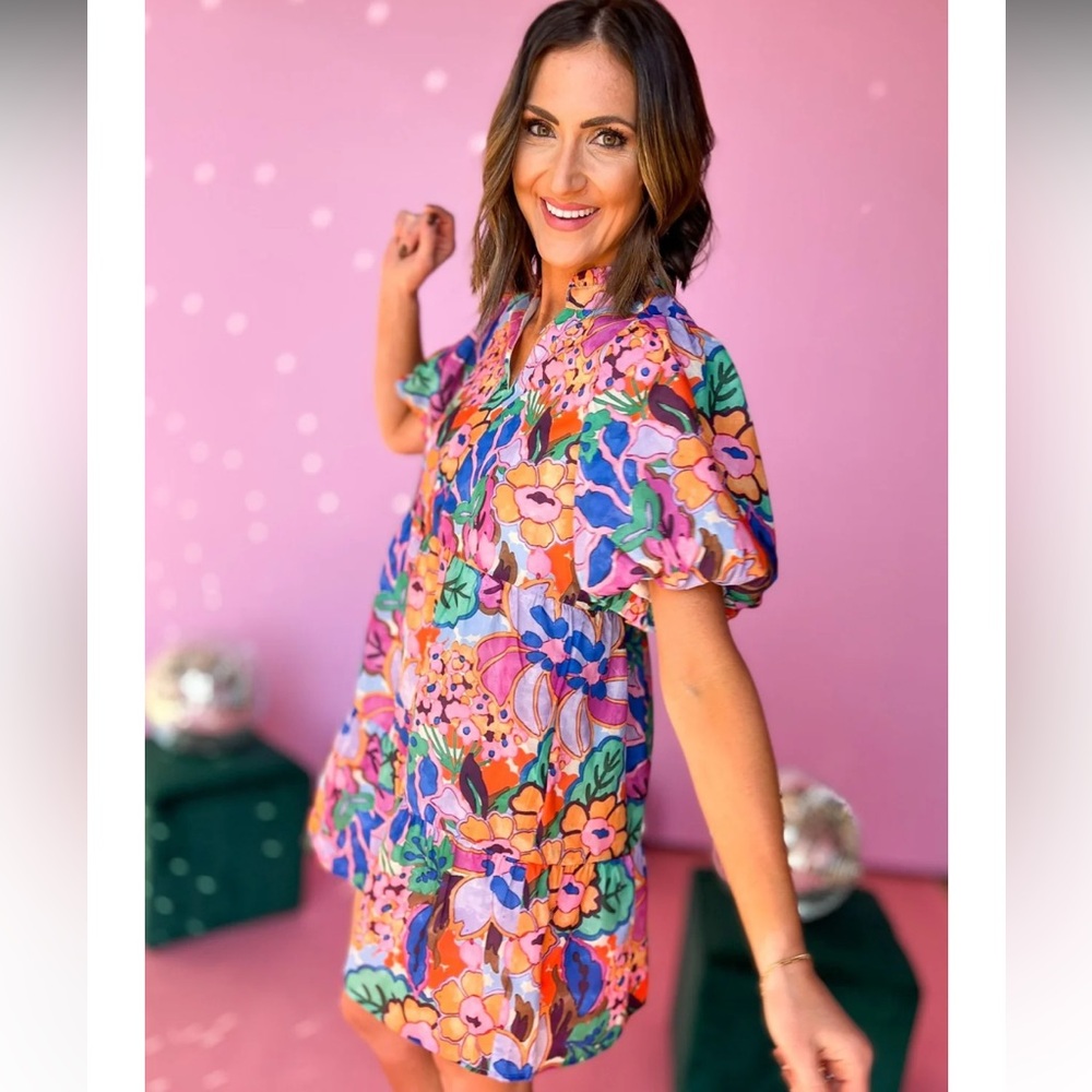 THML Purple Floral Puff Sleeve Dress, Size L